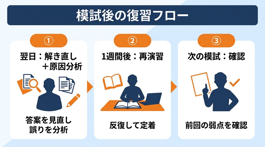 模試の復習を翌日と1週間後の2段階で実施し、次の模試で弱点を再確認する、効果的な復習の仕組みをまとめたイラスト図解。