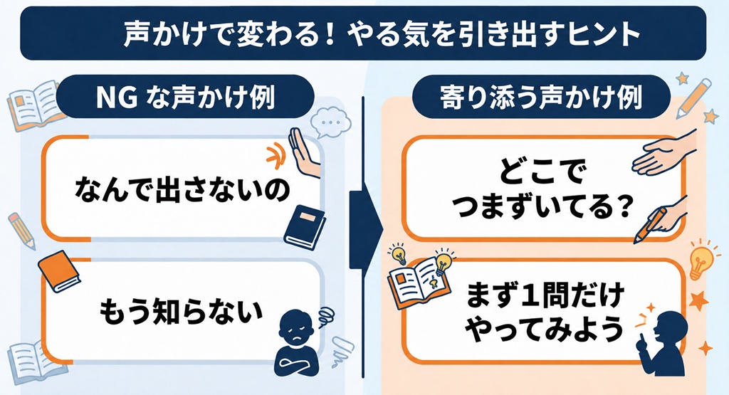 NGな声かけ例『なんで出さないの』『もう知らない』と、寄り添う声かけ例『どこでつまずいてる？』『まず1問だけやってみよう』を比較した図解