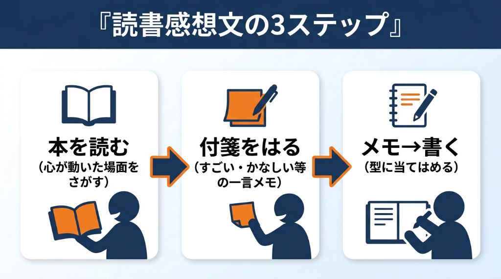 読書感想文をスムーズに書くための「本を読みながら付箋を貼る」「付箋をもとにメモを作る」「親は質問役に徹する」という準備の3ステップをまとめたイラスト図解。