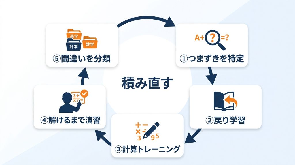 つまずいた場所の特定から戻り学習、毎日の計算トレーニング、自力演習、間違いの分類まで、数学の苦手克服に向けた具体的な5つの手順を順序立てて示した図解。