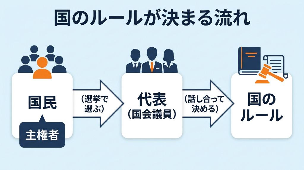国民が選挙によって代表者を選び、その代表者が国会で話し合って国の政治を行う「間接民主制」の仕組みをわかりやすく表現したイラスト図解。