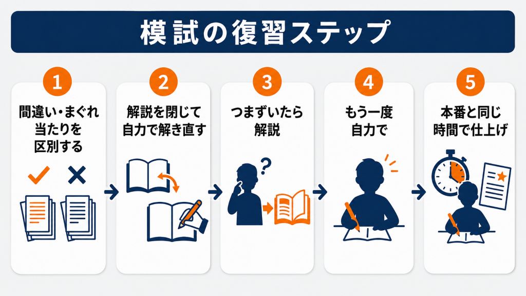 タイプ別の模試対策をまとめたイラスト。範囲の横断復習、間隔を空けた反復復習、解説を伏せた解き直しといった、持っている知識を模試で使える形に変えるための具体的アプローチ法を解説。