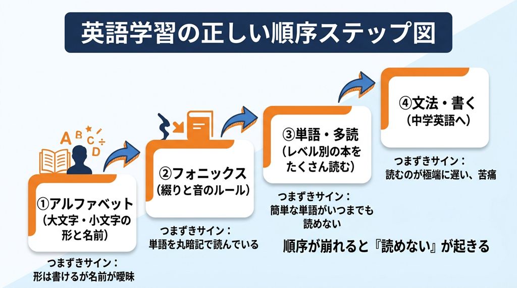 小学生の英語学習で大切な「アルファベット→フォニックス→多読→文法・書く」という4つのステップの順序を示し、つまずきの原因と正しい学習手順を解説した図解。
